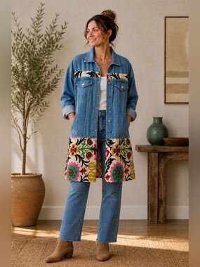 Upcycled Denim and Floral Design Duster